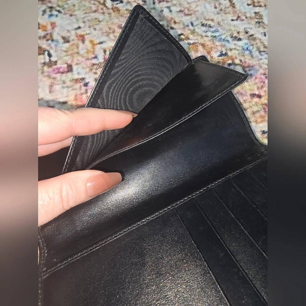 Gucci Black Leather Long Wallet Stiched Sherry Line With COA